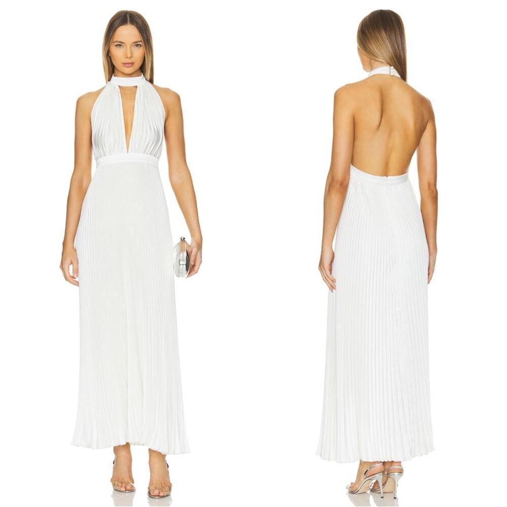 L'IDÉE Chateau Halter Front Cutout Pleated Bridal Ivory White Maxi Gown Sz 12